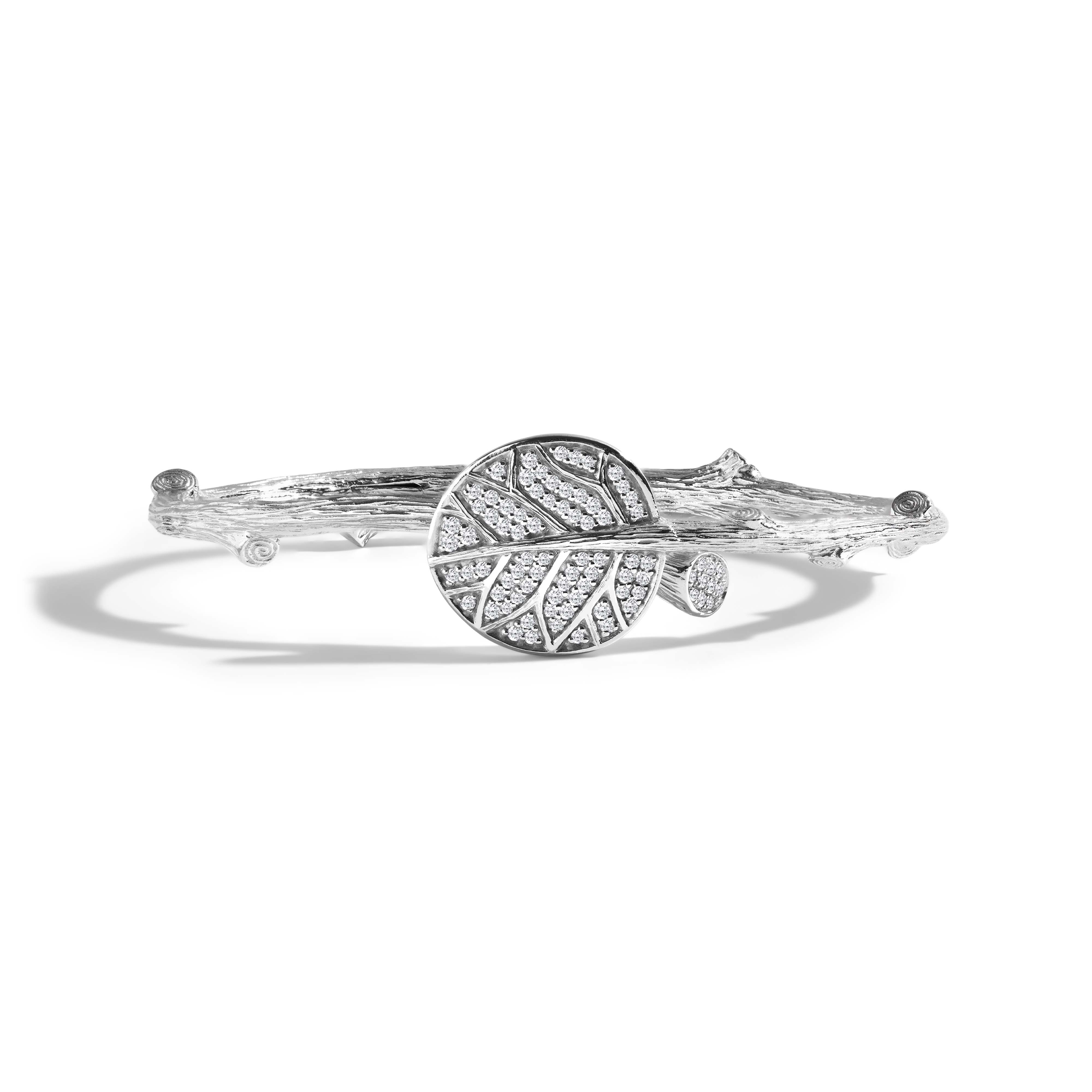 Botanical Leaf Bangle Bracelet with Diamonds - Silver