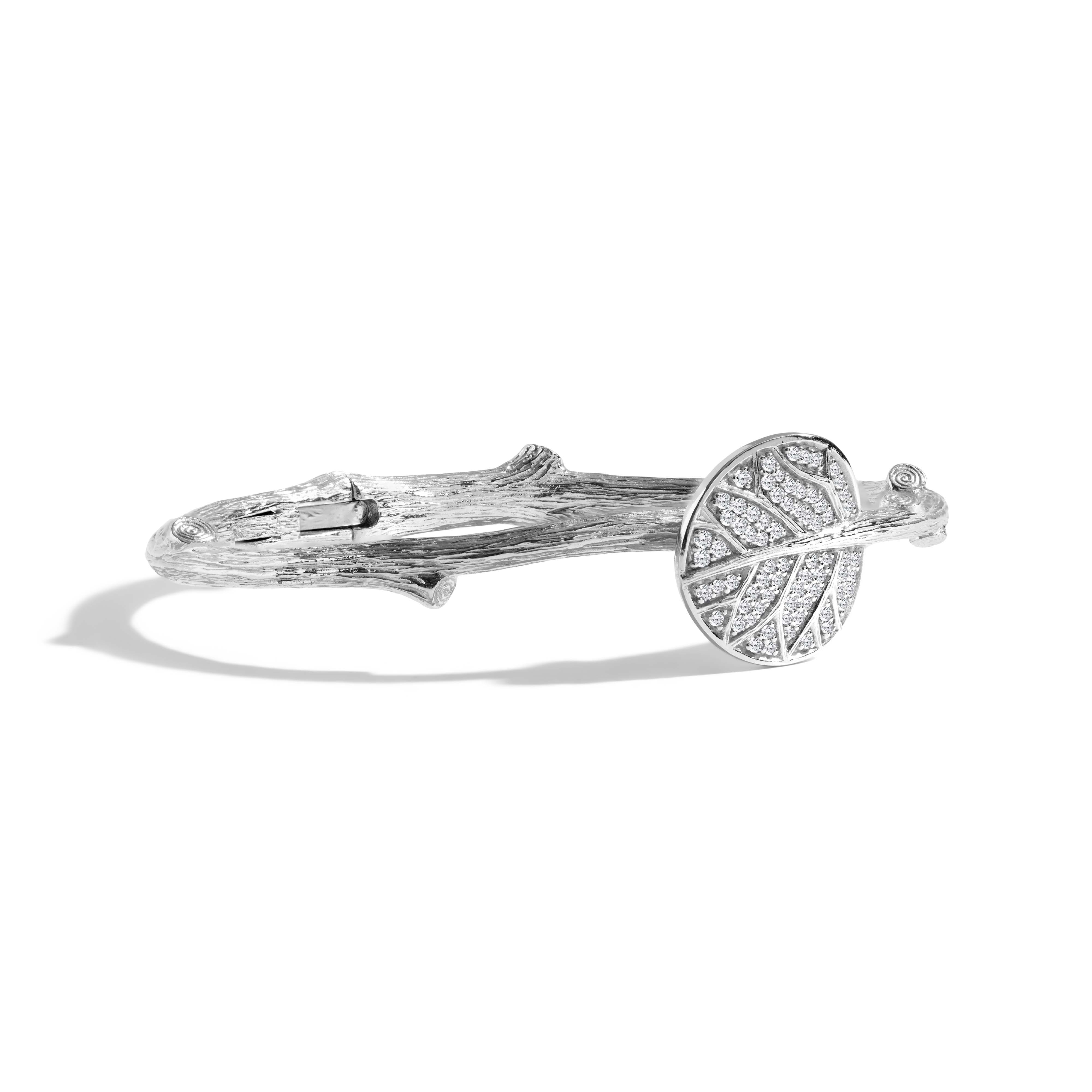 Botanical Leaf Bangle Bracelet with Diamonds - Silver - Image 3