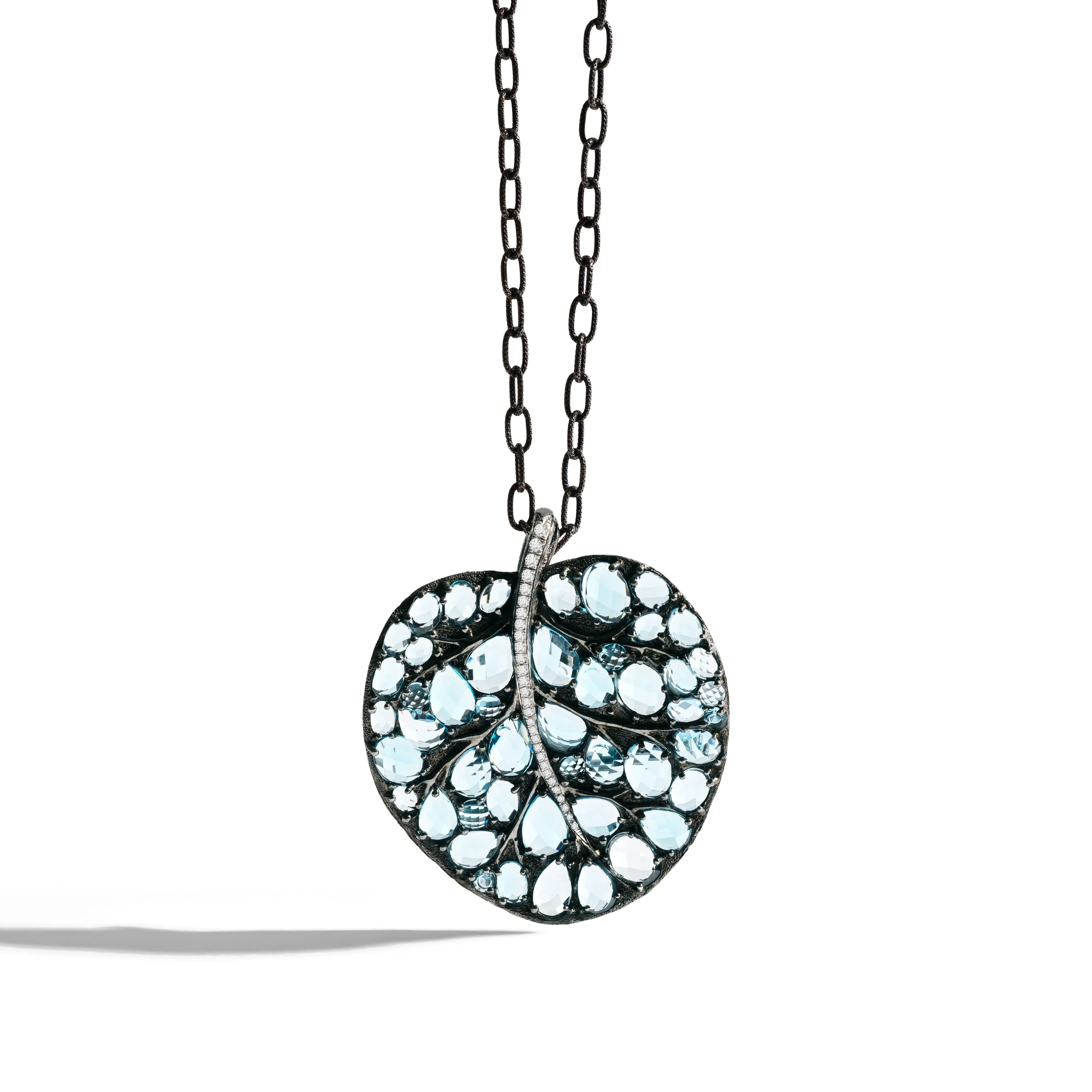 Botanical Leaf 53mm Necklace with Blue Topaz and Diamonds - Image 4