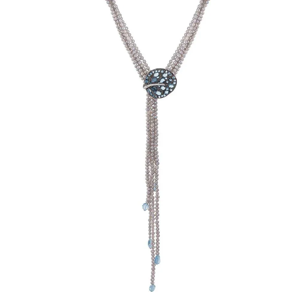 Botanical Leaf Multi Strand Lariat Necklace with Blue Topaz and Diamonds