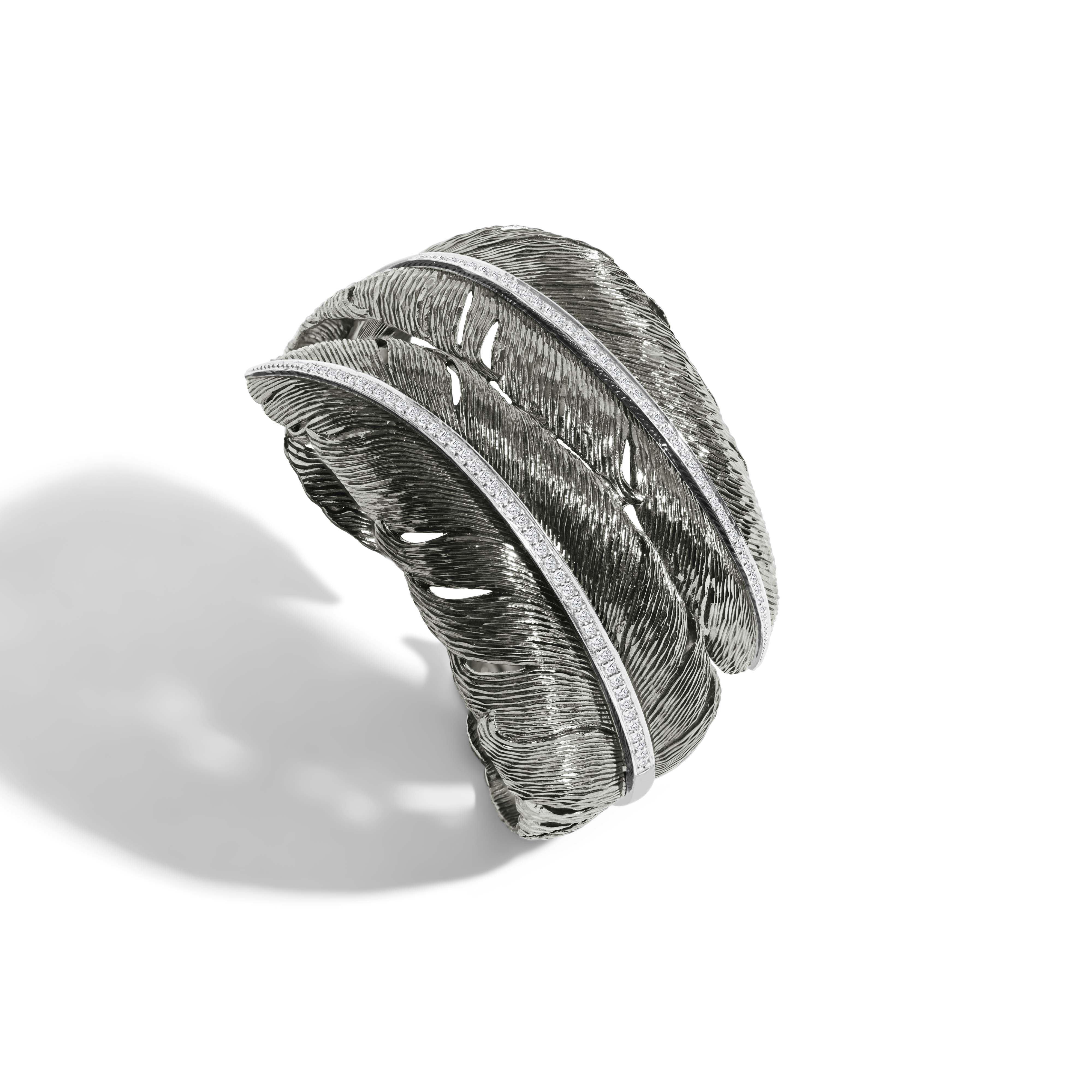 Feather Cuff with Diamonds - Black Rhodium Double