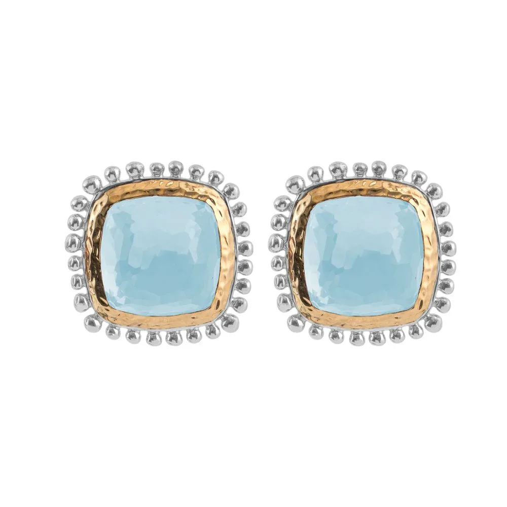 Molten 12mm Cushion Earrings w/ Blue Topaz in 18K Yellow Gold & Sterling Silver