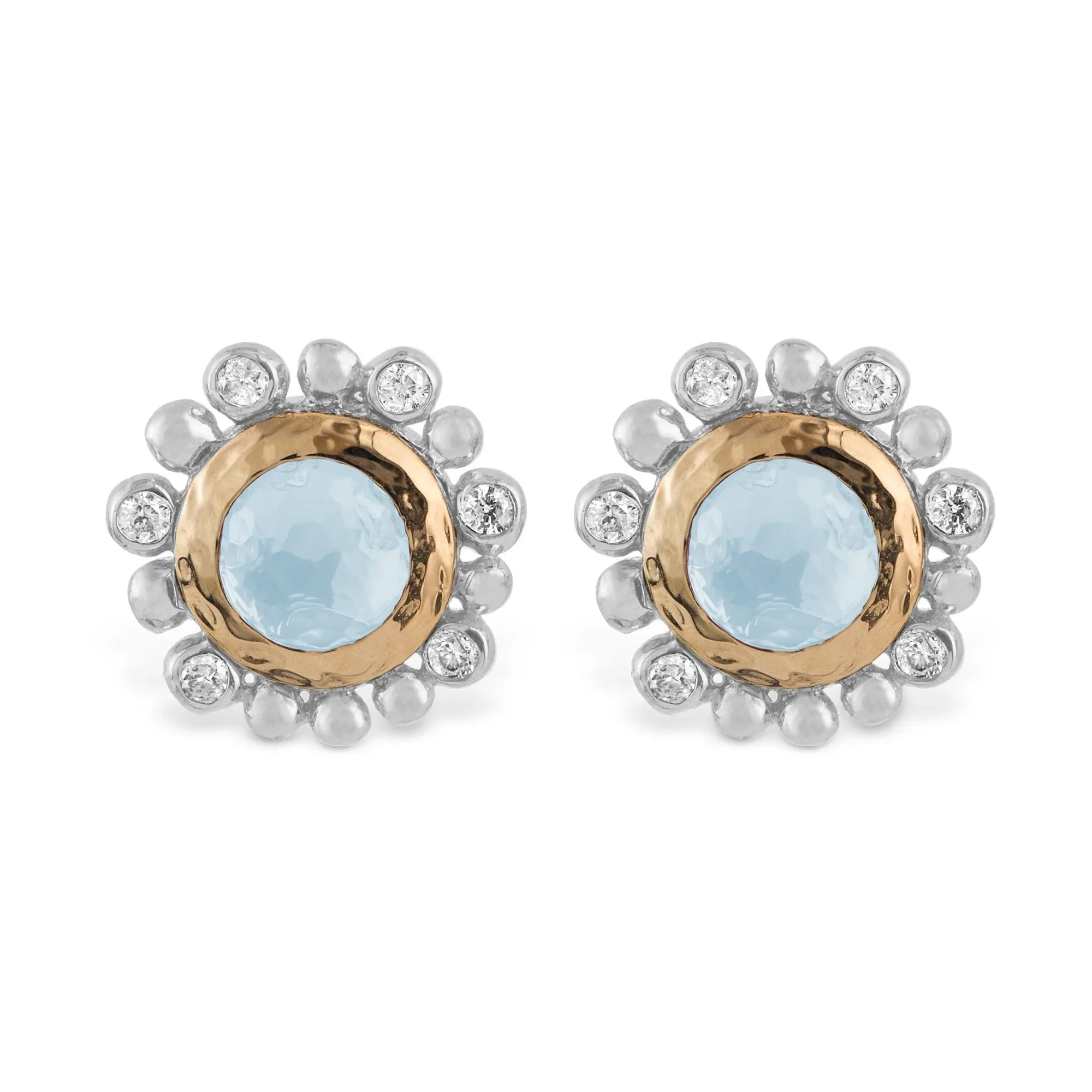 Molten 5mm Round Stud Earrings w/ Blue Topaz in 18K Yellow Gold & Sterling Silver