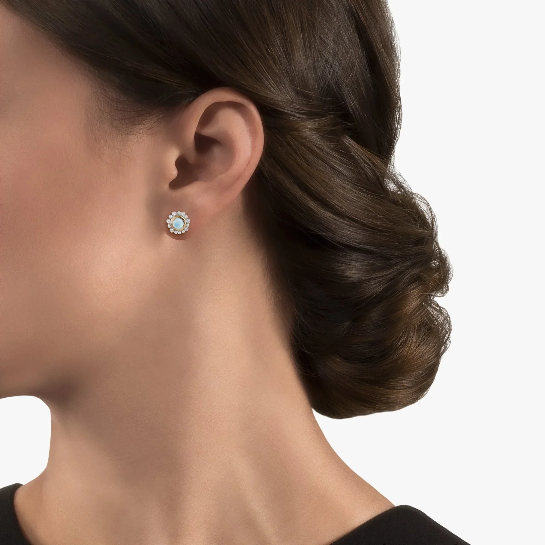 Molten 5mm Round Stud Earrings w/ Blue Topaz in 18K Yellow Gold & Sterling Silver - Image 2