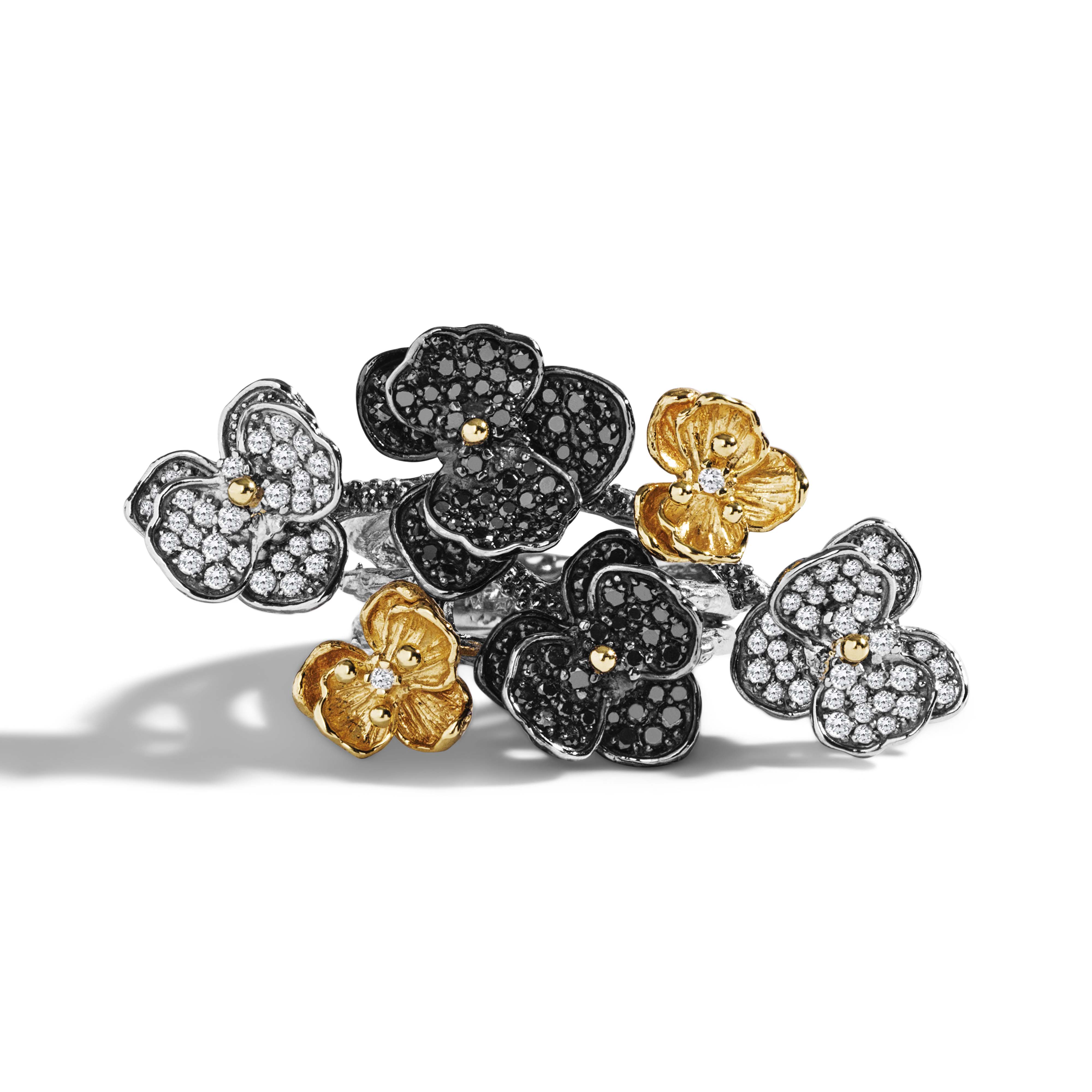 Orchid Cluster Ring with Black & White Diamonds