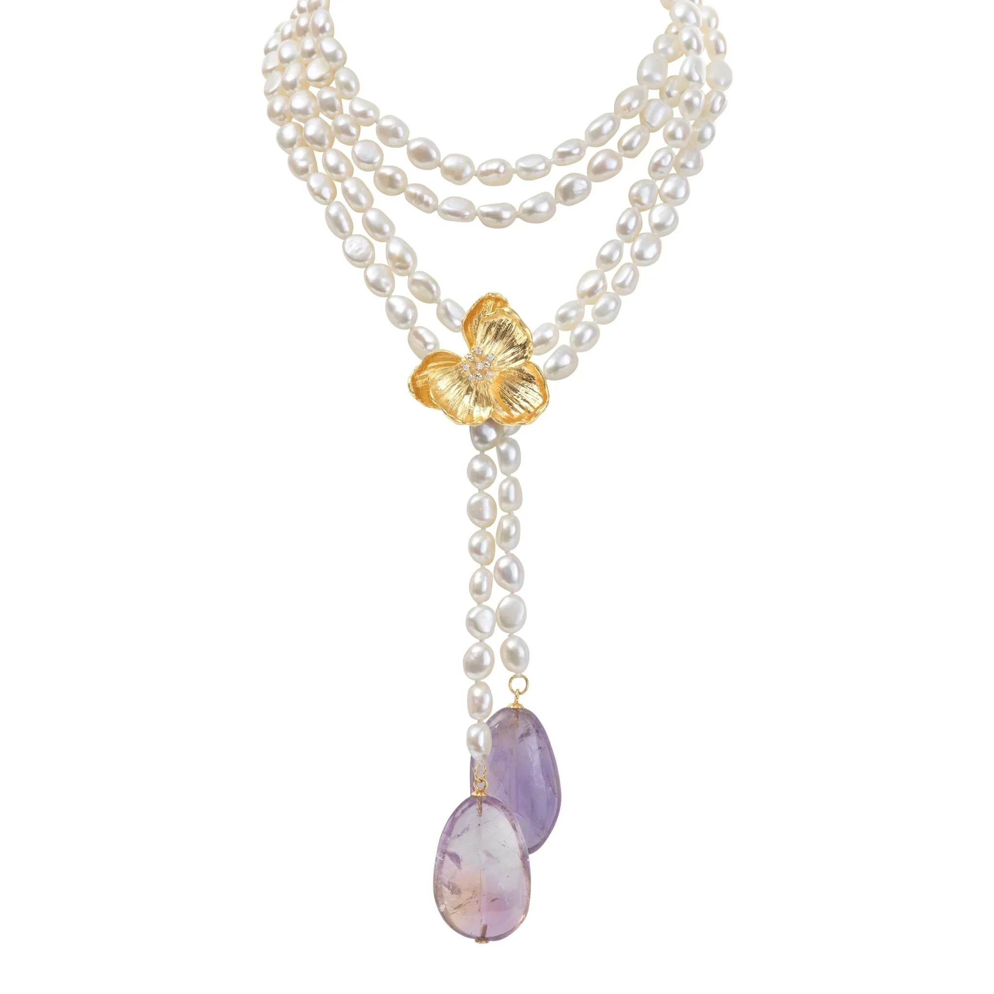 Orchid Lariat Necklace with Pearls, Ametrine and Diamonds - Image 2
