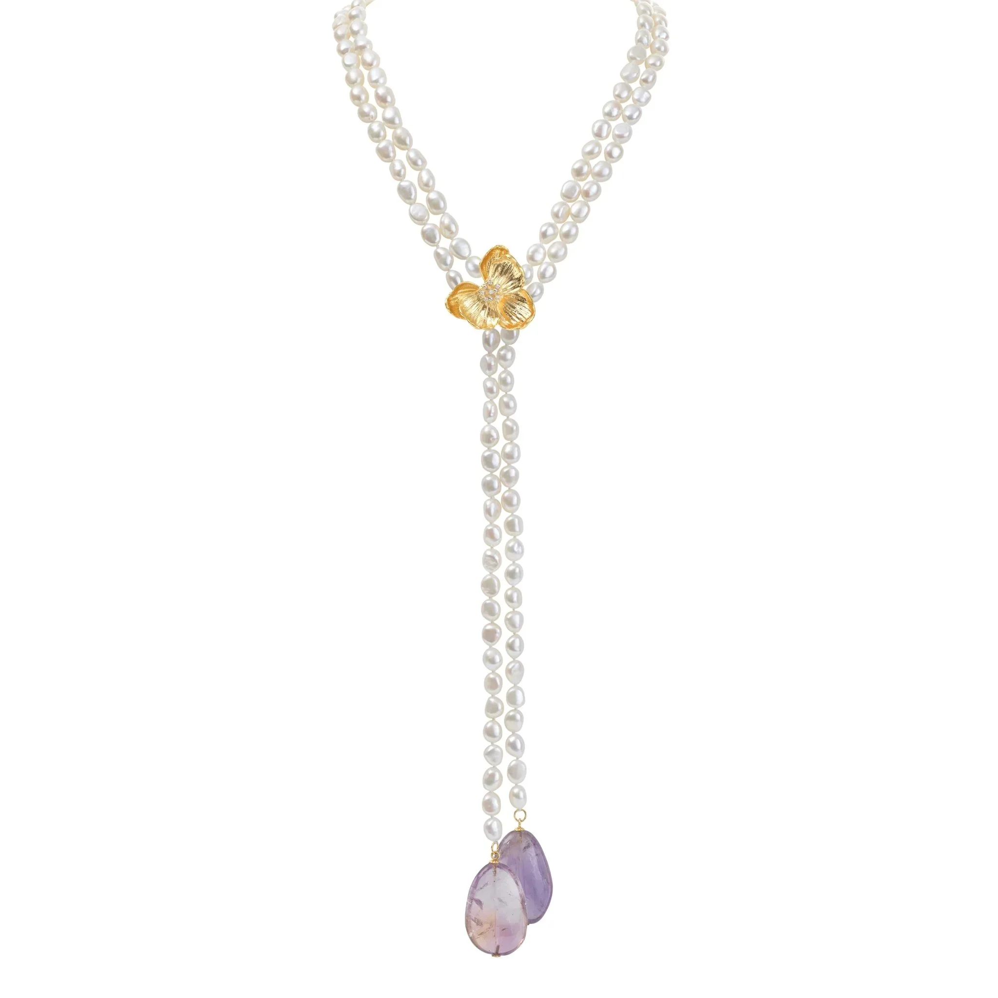 Orchid Lariat Necklace with Pearls, Ametrine and Diamonds - Image 3